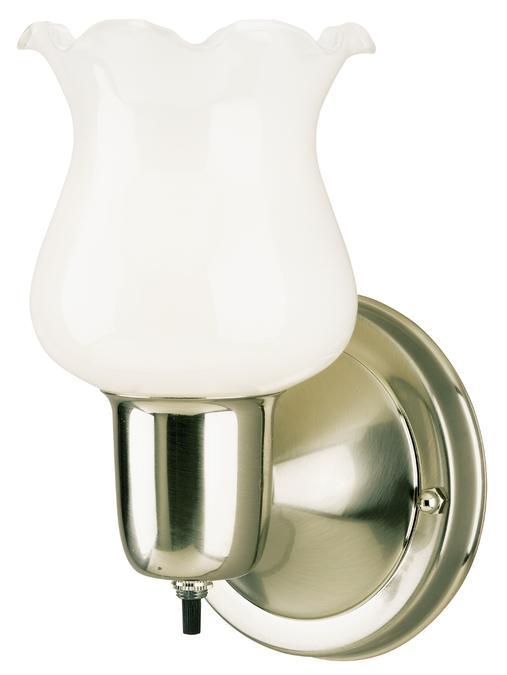 1 Light Wall Fixture with On/Off Switch Brushed Nickel Finish White Opal Glass