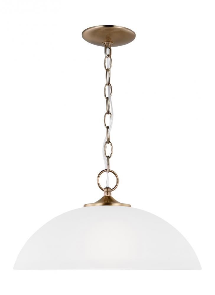 Geary traditional indoor dimmable 1-light pendant in satin brass with a satin etched glass shade