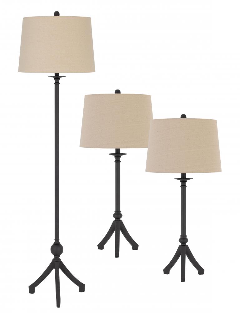 3 pcs package. 2 pcs of 150W 3 way metal table lamps. 1 pc of 150W 3 way adjustable metal floor lamp