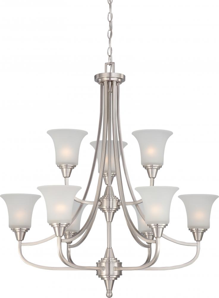Surrey - 9 Light Two Tier Chandelier with Frosted Glass - Brushed Nickel Finish