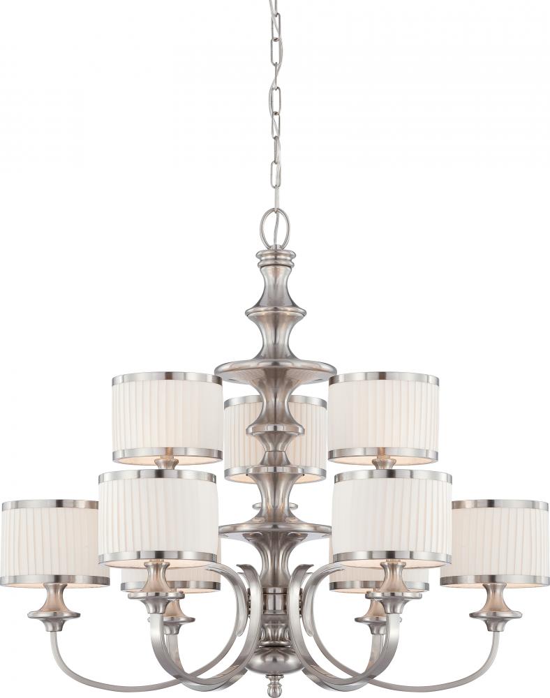 Candice - 9 Light Chandelier with Pleated White Shades - Brushed Nickel Finish