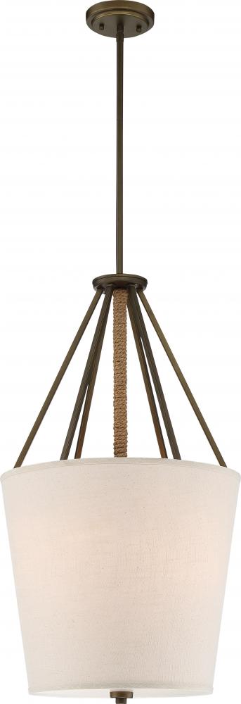 Seneca - 3 Light 17'' Pendant with Beige Linen Fabric Shade - Aged Bronze Finish with Rope