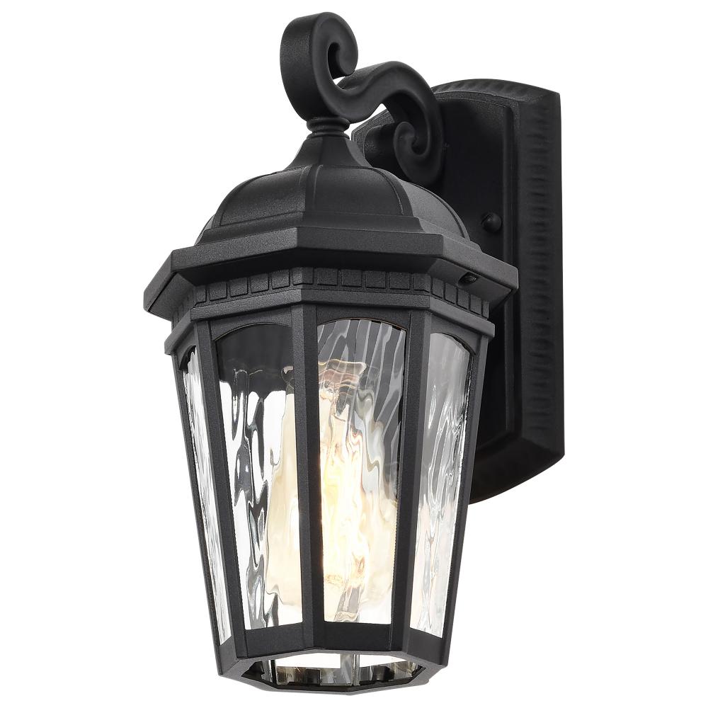 East River Collection Outdoor 12 inch Small Wall Light; Matte Black Finish with Clear Water Glass