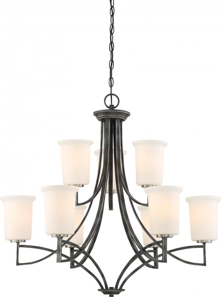 Chester - 9 Light Chandelier with White Glass - Iron Black with Brushed Nickel Accents