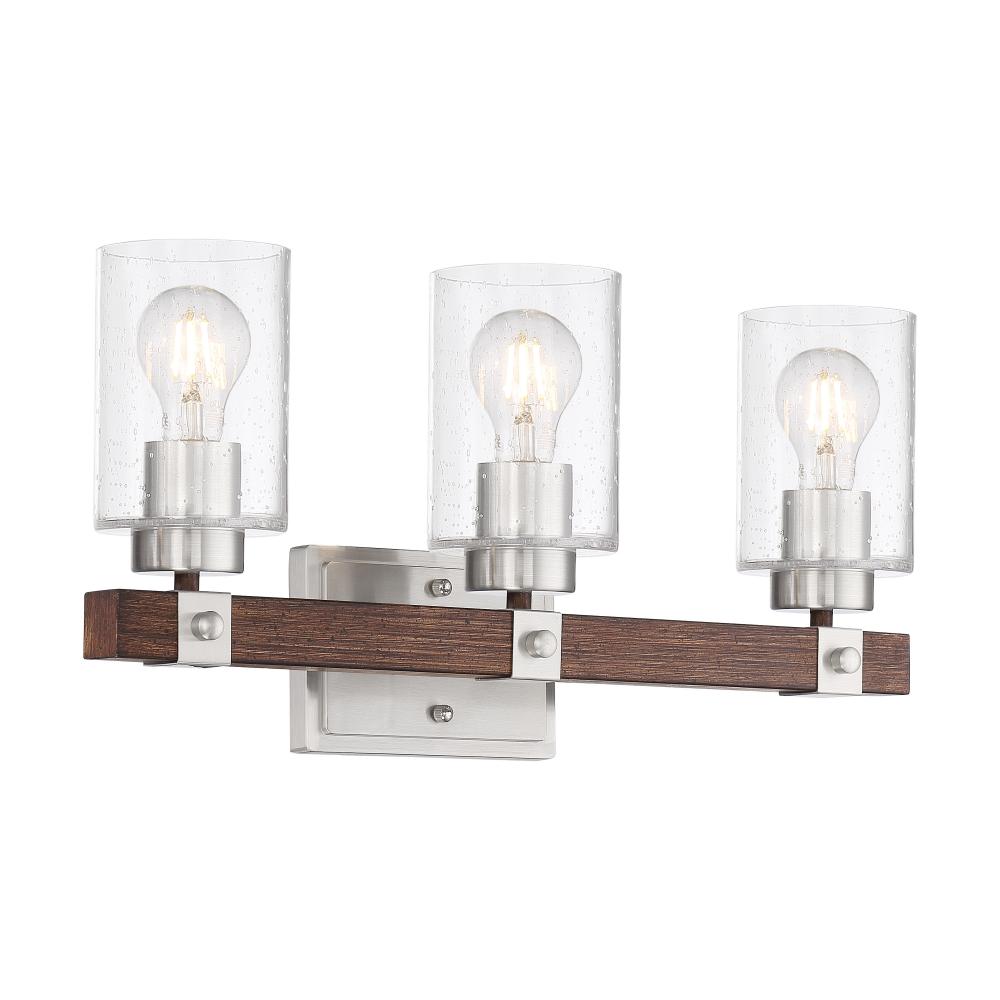 Arabel - 3 Light Vanity - with Clear Seeded Glass -Brushed Nickel and Nutmeg Wood Finish
