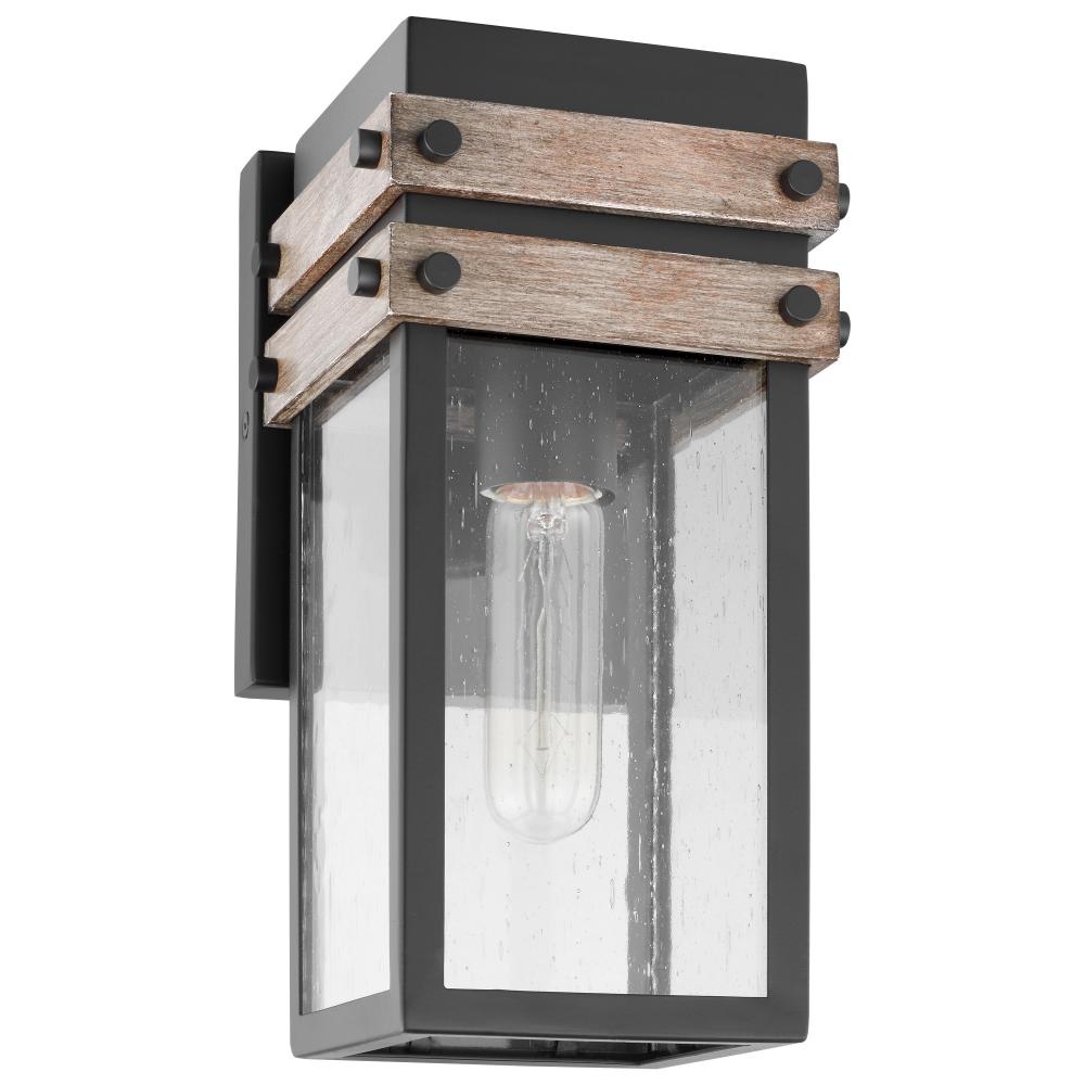 Homestead; 1 Light; Small Wall Lantern; Matte Black & Wood Finish with Clear Seeded Glass