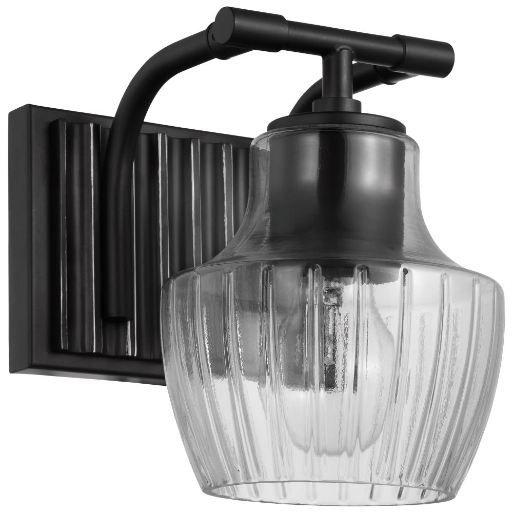 Destin; 1 Light Vanity; Medium Base; 60 Watt; Black And Silver Finish; Clear Ribbed Glass