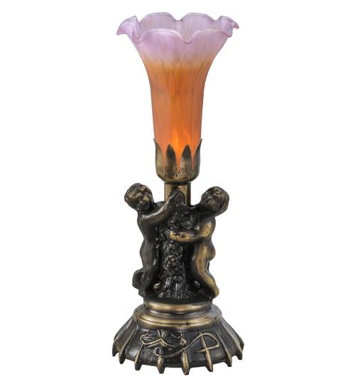 13" High Amber/Purple Tiffany Pond Lily Twin Cherub Accent Lamp