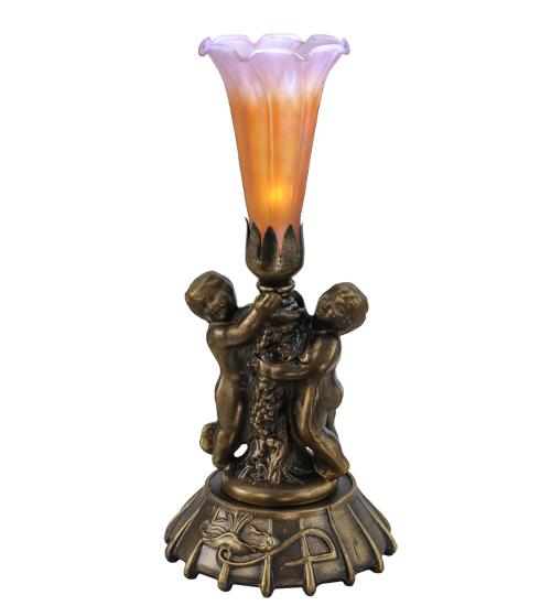 12" High Amber/Purple Pond Lily Twin Cherub Mini Lamp