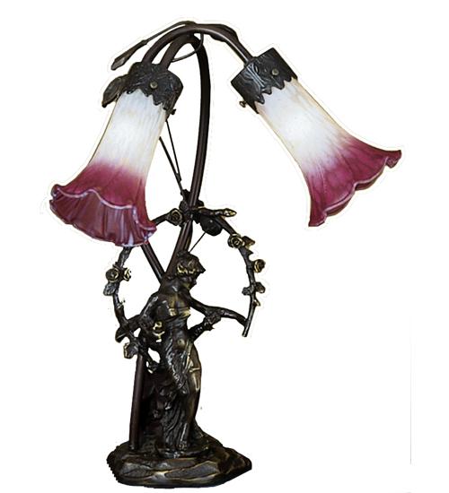 17" High Pink/White Tiffany Pond Lily 2 Light Trellis Girl Accent Lamp