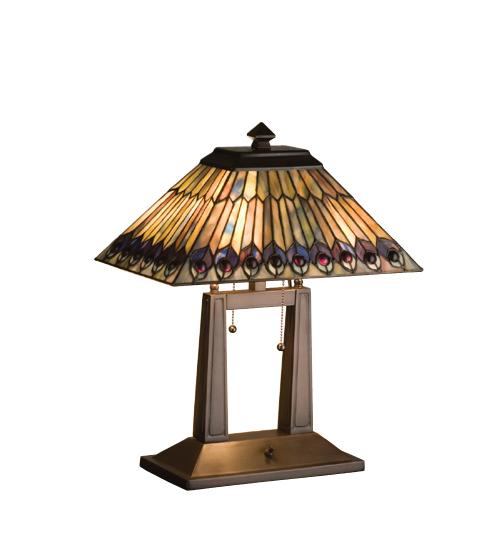20"H Tiffany Jeweled Peacock Oblong Desk Lamp