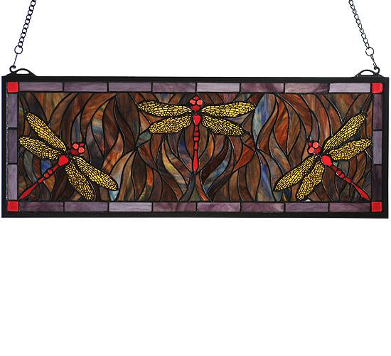 28"W X 10"H Tiffany Dragonfly Trio Stained Glass Window