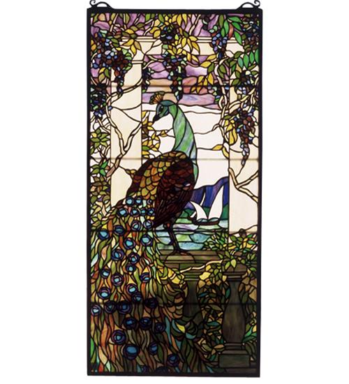 19"W X 40"H Tiffany Peacock Wisteria Stained Glass Window