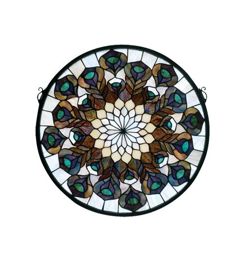 17"W X 17"H Tiffany Peacock Feather Medallion Stained Glass Window