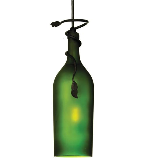 4" Wide Tuscan Vineyard Frosted Green Wine Bottle Mini Pendant